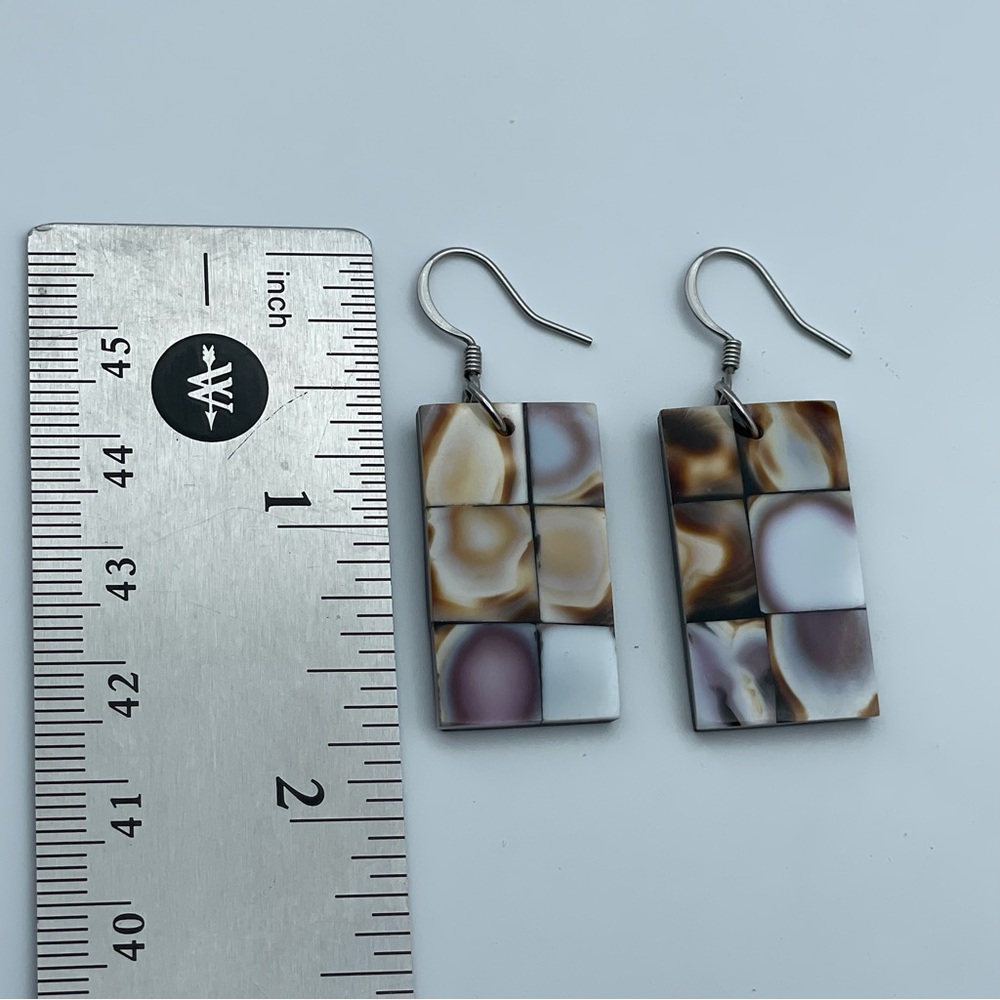 Boho Mosaic Shell Rectangle Earrings Brown White … - image 3